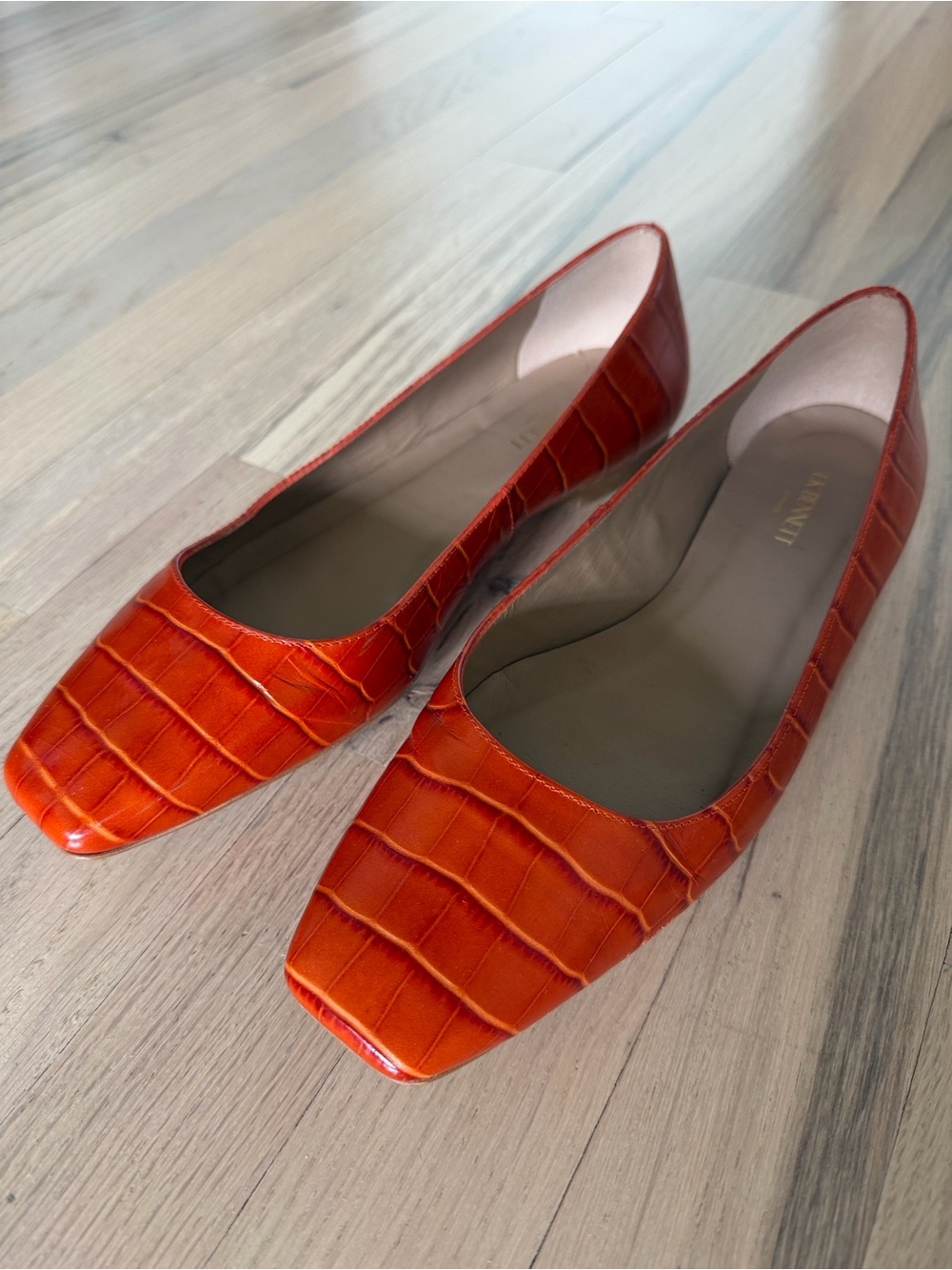 LK Bennett Orange Croc-Embossed Square-Toe Flats